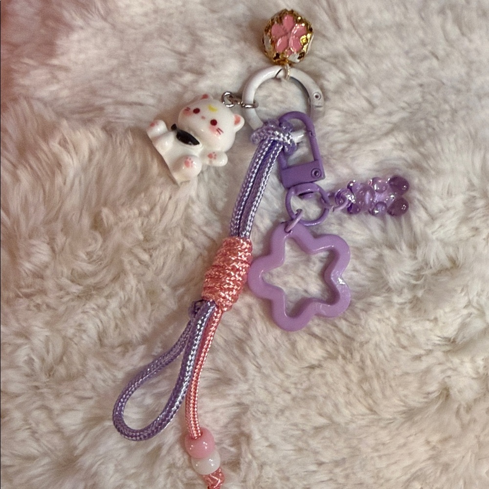 Handmade Cute Pink and Purple Keychain with cat and gummy bear Charms